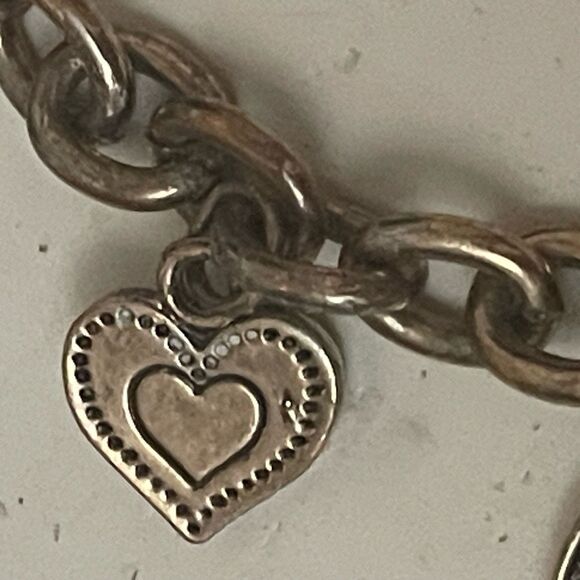 7.5” silver tone bracelet 4 simulated pearl charms 2 heart charms 2 medallions - Picture 5 of 9